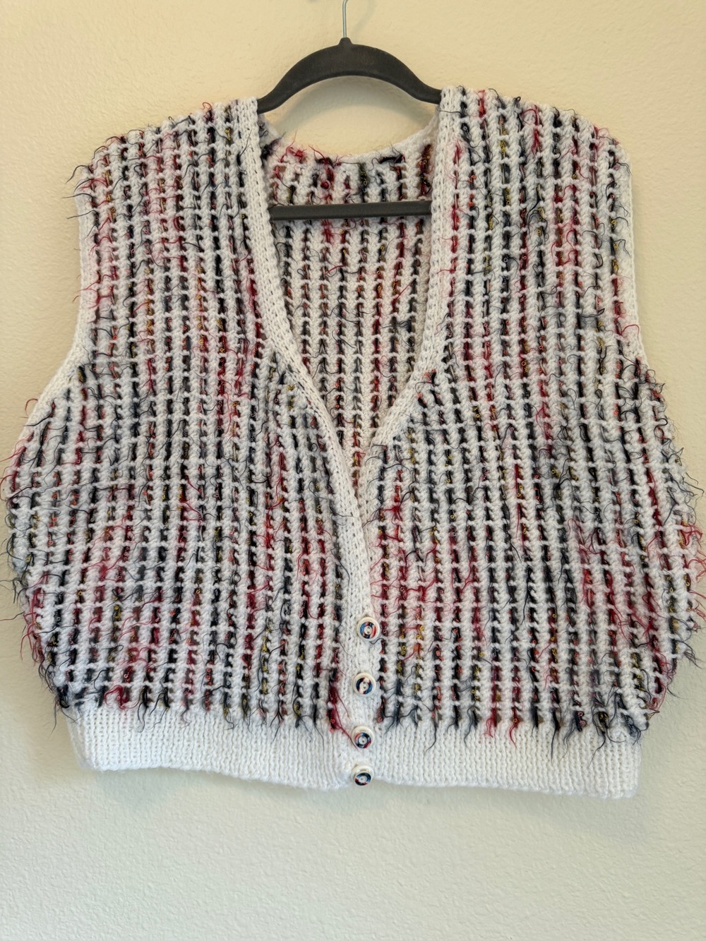 Sweater Vest Handcrafted Vintage Textured Knit Button Front Cream Red